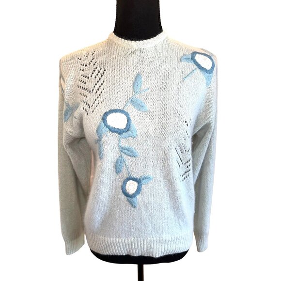 Vintage 80s Andrea Gayle M Light Blue Silk Sweater Floral Embroidery Openwork - Picture 1 of 9